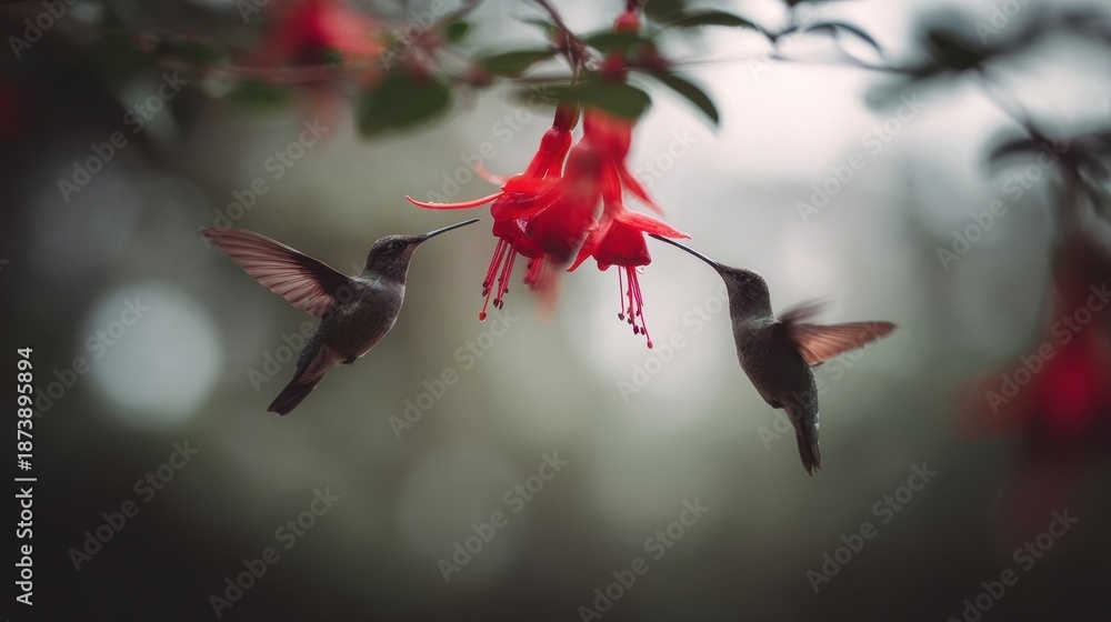 Fototapeta premium Two hummingbirds hover around a red tubular flower, feeding as a soft, blurred garden background.