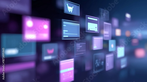 Digital commerce ecosystem in neon colors with various online shopping elements and interfaces