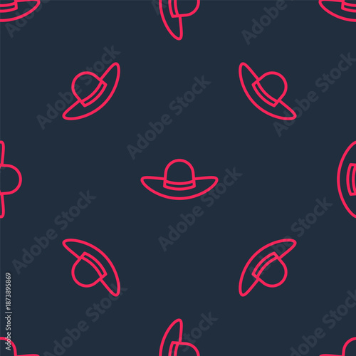 Red line Elegant women hat icon isolated seamless pattern on black background. Vector