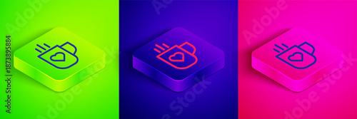 Isometric line Coffee cup and heart icon isolated on green, blue and pink background. Couple coffee for lovers on Valentines Day. Square button. Vector