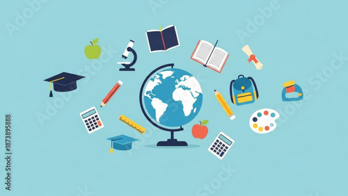A colorful illustration of educational icons arranged around a globe on a blue background for learning and teaching concepts with school and infographic