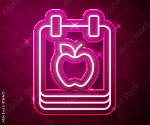 Glowing neon line Diet plan icon isolated on isolated on red background. Concept of fitness marathon, proper nutrition, healthy food, beautiful body, vegetables, slimming. Vector