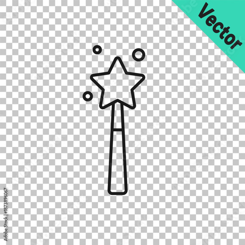 Black line Magic wand icon isolated on transparent background. Star shape magic accessory. Magical power. Vector