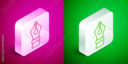 Isometric line Fountain pen nib icon isolated on pink and green background. Pen tool sign. Silver square button. Vector