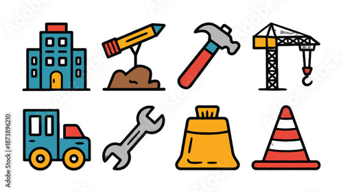 Construction Icons: A collection of vibrant icons represents various elements of construction, conveying the essence of building, design, and industry.