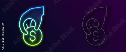 Glowing neon line Hand holding casino chips icon isolated on black background. Casino gambling. Vector