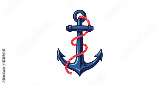 Classic blue naval anchor with a red rope wrapped around it, representing maritime, sailing, and nautical themes and stability.