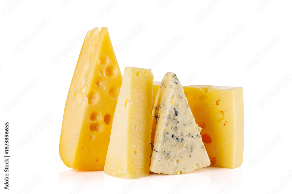 Fototapeta premium Assorted cheeses on white background