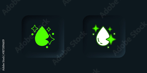 Green Water drop icon isolated on black background. Black square button. Vector
