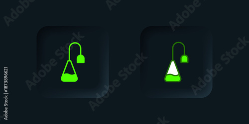 Green Tea bag icon isolated on black background. Black square button. Vector