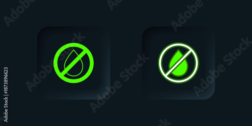 Green Water drop forbidden icon isolated on black background. No water sign. Black square button. Vector