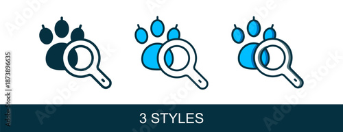 Filled outline Paw search icon isolated on white background. Magnifying glass with animal footprints. Vector
