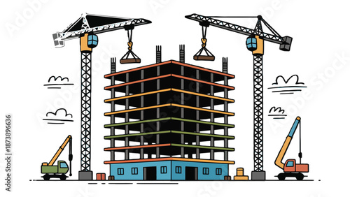 Construction Site: A dynamic scene showcasing a modern construction site in full swing. Tower cranes reach skyward, supporting the framework of a new building.