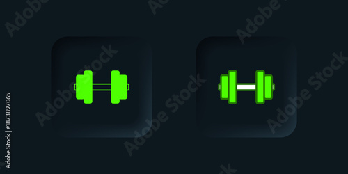 Green Dumbbell icon isolated on black background. Muscle lifting, fitness barbell, sports equipment. Black square button. Vector