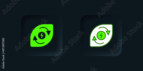 Green Water energy icon isolated on black background. Ecology concept with water droplet. Alternative energy concept. Black square button. Vector