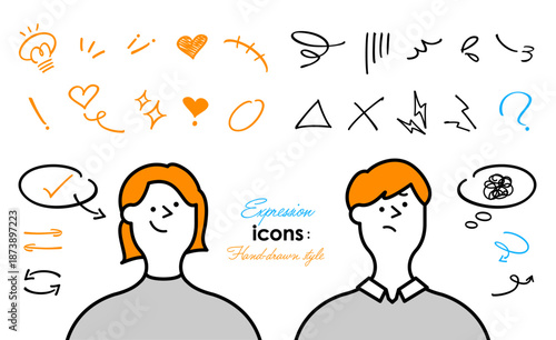 感情表現やリアクションを示す手書き風アイコン・漫符セット | 矢印・吹き出し・人物あり