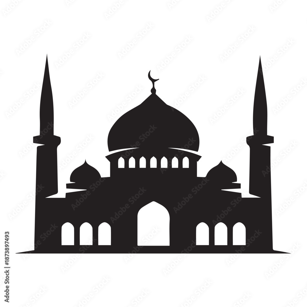 Fototapeta premium Black and white mosque with domes and minarets silhouette vector