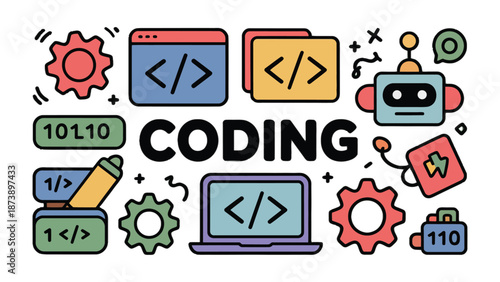 Coding Essentials: A vibrant, graphic representation of coding, depicting essential tools and icons for the world of programming. A visual celebration of innovation, logic, and creativity. 