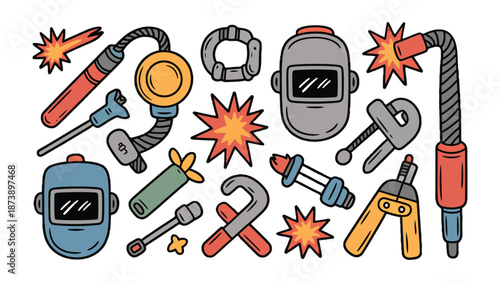 Welding Tools Illustration: A vibrant collection of essential tools, symbolizing the craft, includes welding torches, protective helmets, sparks, and other implements.