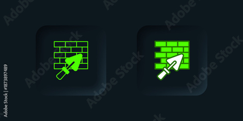 Green Brick wall with trowel icon isolated on black background. Black square button. Vector
