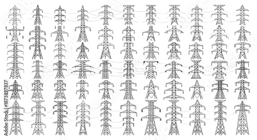 Large collection and set of various electricity pylon and power line tower silhouettes, showing different industrial designs.