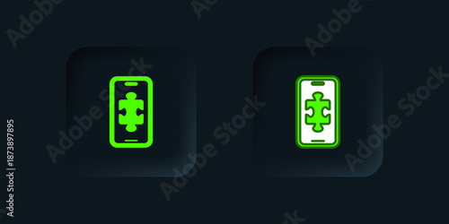 Green Smartphone and playing in game icon isolated on black background. Mobile gaming concept. Black square button. Vector