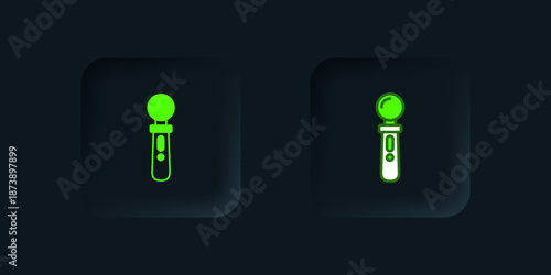 Green VR controller game icon isolated on black background. Virtual reality experience, sensation of presence, position-tracking technology device. Black square button. Vector