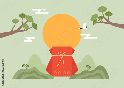 Vector illustrations of Korean traditional lucky bag and landscape.