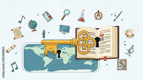 Illustration of a large golden key unlocking an open book on top of a world map surrounded by various educational icons and symbols on a white background