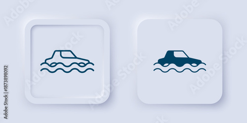 Filled and outline Flood car icon isolated on grey background. Insurance concept. Flood disaster concept. Security, safety, protection, protect concept. Square button. Vector