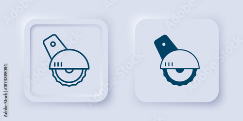 Filled and outline Electric circular saw with steel toothed disc icon isolated on grey background. Electric hand tool for cutting wood or metal. Square button. Vector