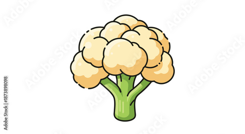 Cute and simple cartoon icon of a head of cauliflower with a green stem and a black outline, isolated on a white background.