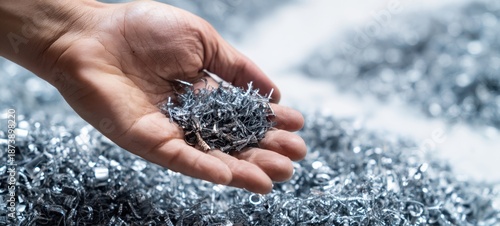 The Metal Shavings in a Hand Over a Pile of Shiny Steel Chips © Studio Nova