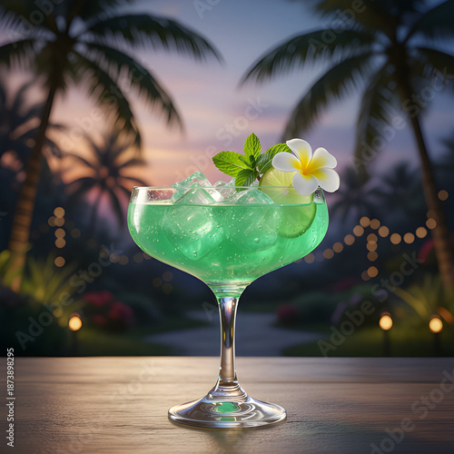 Purple Hibiscus Margarita with Pink Floral Garnish and Salt Rim on Sunny Table