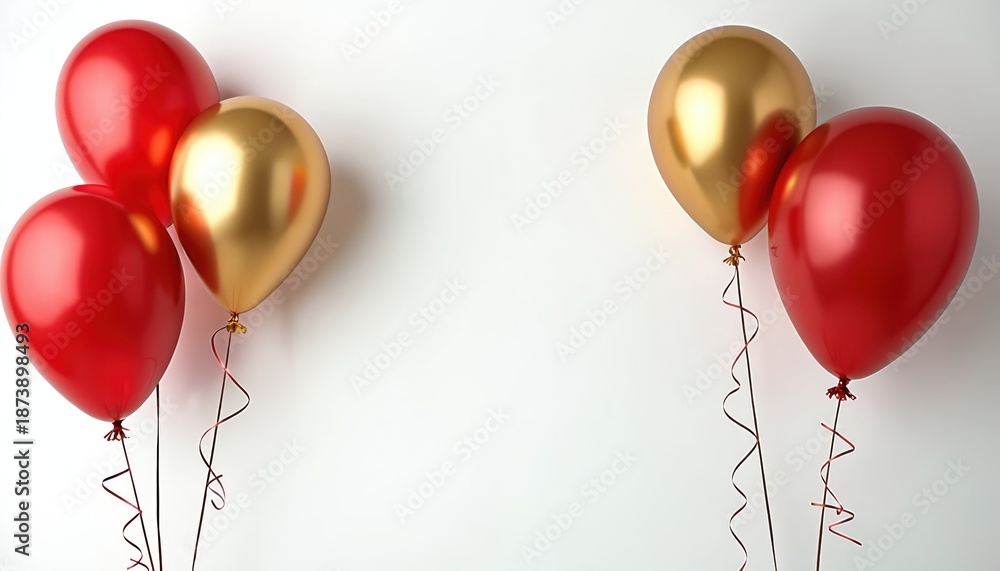 Fototapeta premium Red and gold balloons on white background. Festive party decoration with helium balloons. Celebration background with balloons. Holiday greeting or birthday card design.