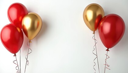 Red and gold balloons on white background. Festive party decoration with helium balloons. Celebration background with balloons. Holiday greeting or birthday card design.