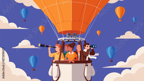 Hot air balloon adventure with diverse people exploring new horizons and opportunities