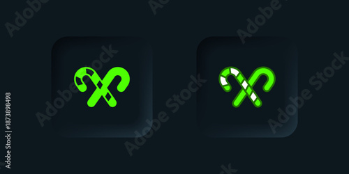 Green Christmas candy cane with stripes icon isolated on black background. Merry Christmas and Happy New Year. Black square button. Vector
