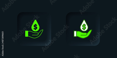 Green Oil drop with dollar symbol icon isolated on black background. Oil price. Oil and petroleum industry. Black square button. Vector