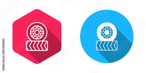 Filled and outline Car tire wheel icon isolated with long shadow background. Vector