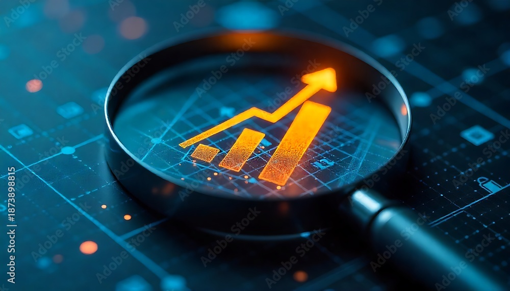 Obraz premium Magnifying glass highlights business growth chart with upward trend. Generative AI analysis financial success stock increase profit investment statistic performance market, created with generative ai