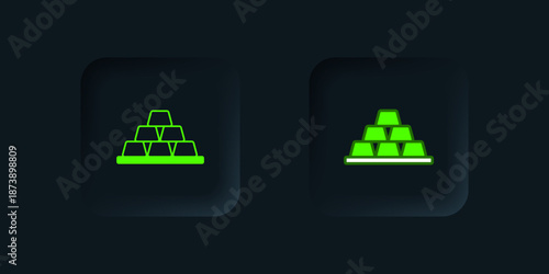 Green Gold bars icon isolated on black background. Banking business concept. Black square button. Vector