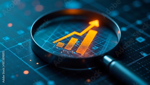 Magnifying glass highlights business growth chart with upward trend. Generative AI analysis financial success stock increase profit investment statistic performance market, created with generative ai