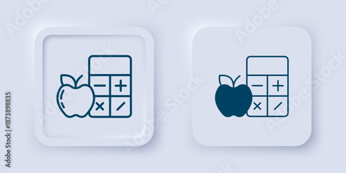 Filled and outline Calorie calculator icon isolated on isolated on grey background. Calorie count. Diet. Weight loss. Portion control. Healthy eating. Dietary nutrition. Square button. Vector
