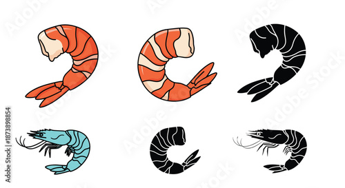 Collection of six shrimp and prawn illustrations in different styles and colors, including realistic, silhouette, and cartoon versions.