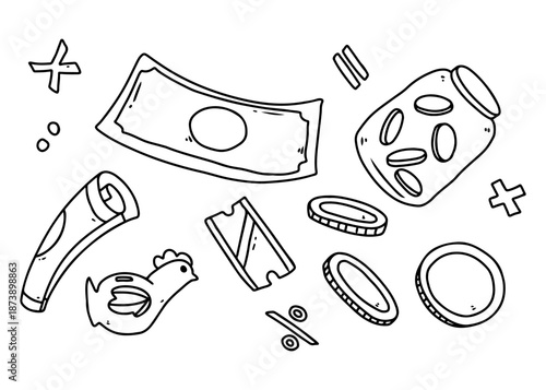 A black and white doodle illustration depicting various financial elements like money, coins, a piggy bank, and mathematical symbols.