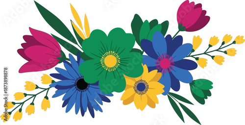 Vibrant colorful flowers arrangement with green leaves and stems on white