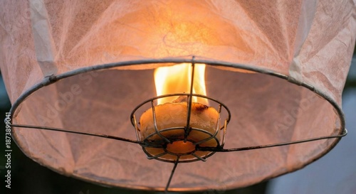 Close-up of a Sky Lantern with Flame Burning Brightly
