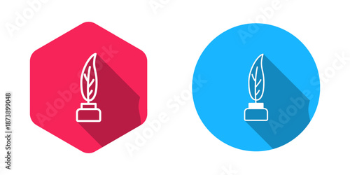 Filled and outline Feather and inkwell icon isolated with long shadow background. Vector