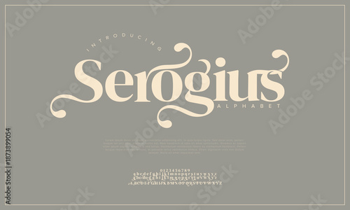 Luxury wedding alphabet letters font with tails. Typography elegant classic lettering serif fonts and number decorative vintage retro concept for logo branding. vector illustration